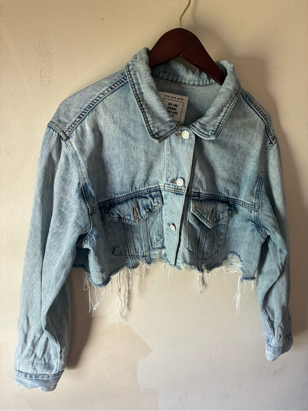 Pull&Bear Cropped Light Blue Distressed Denim Jacket